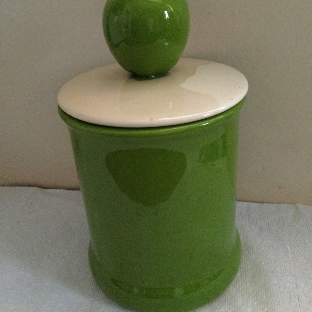Vintage mcm cookie jar with green apple lid apple green cylinder rare signed